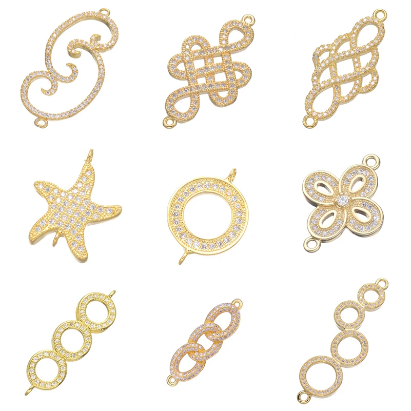 Juya DIY 18K Gold Plated Cz Infinity Knot Flower Star Charm Connectors Accessories For Women Bracelet Necklace Earring Making