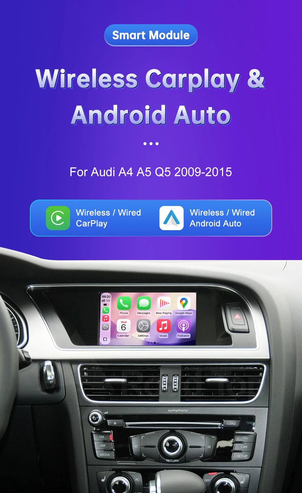 Kabelloses Carplay für Audi A4 B8 A5 Q5 2009-2015 Unterstützt Android Auto AirPlay Mirroring Rückfahrkamera USB Auto-Player – Detail 2
