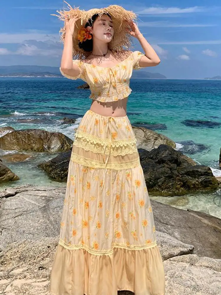

Summer Women Yellow Embroidered Elegant Backless Short Sleeved Top + High Waist Patchwork Lace Long Skirt Vacation Two Piece Set