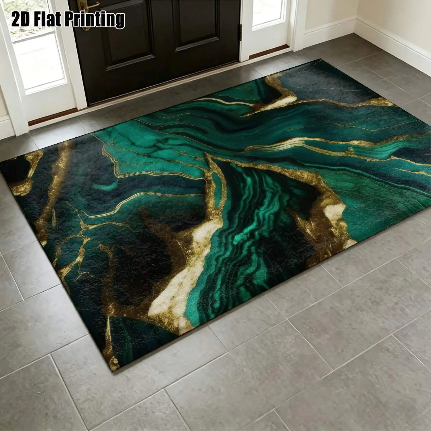1Pc 2D Printed Nordic Modern Minimalist Vintage Abstract Art Carpet, Dark Green & Gold, Multiple Sizes, Machine Washable, for Entrance, Dining, Bedroom, Living Room Home Decor