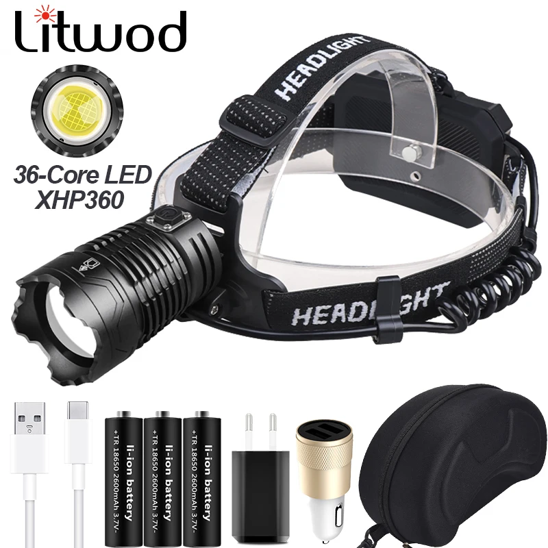 XHP360 Super Bright Led Headlamp Zoomable Powerbank 36-core Headlight USB Rechargeable 18650 Battery Head Flashlight Lamp