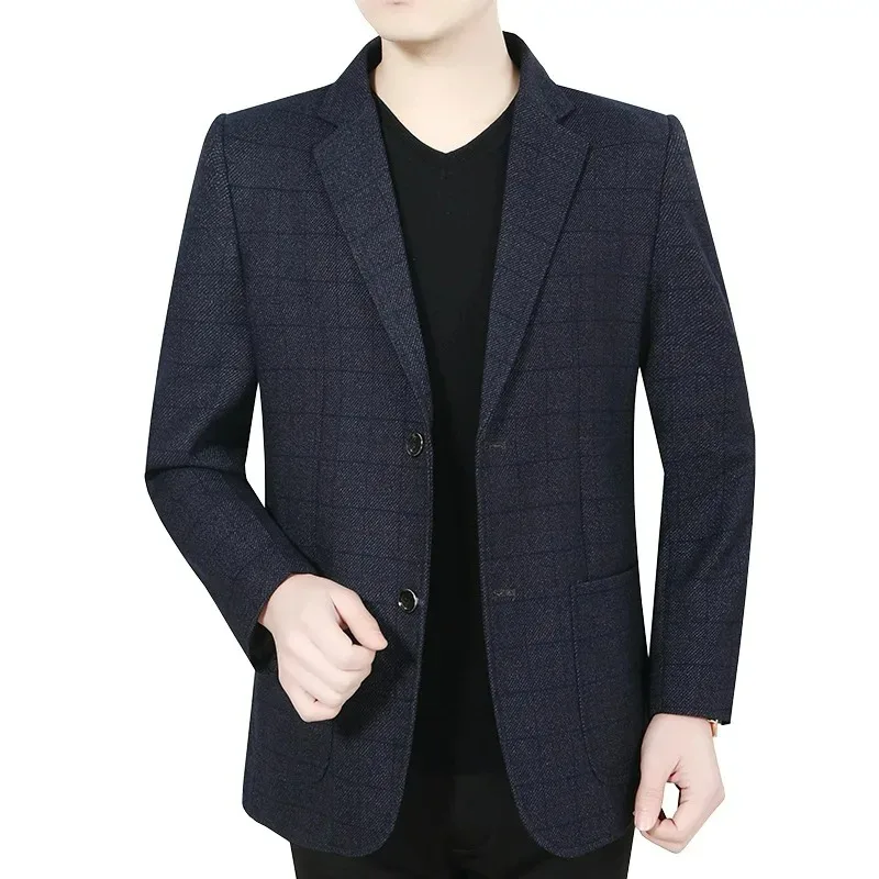 

Autumn Men Suit Coat Non-ironing Turn Down Collar Male Outerwear Single-breasted Long Sleeve Pocket Plaid Daily Man Blazer