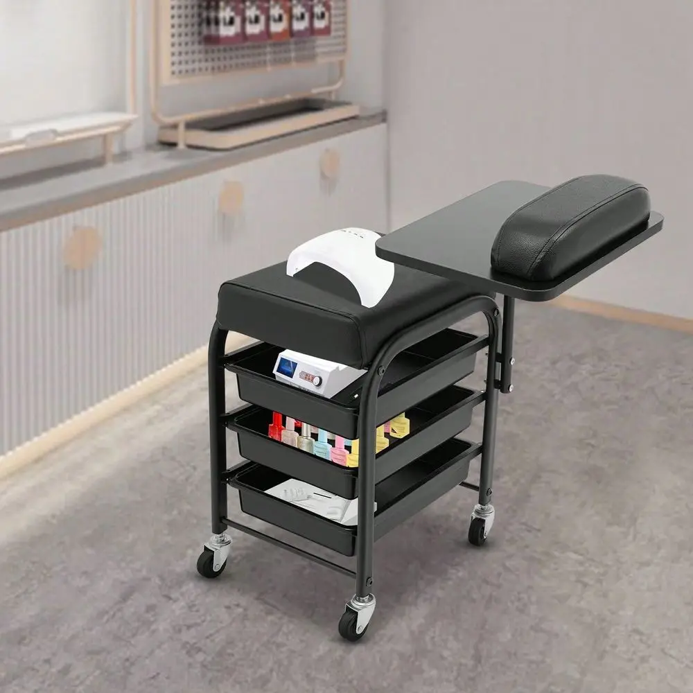 

Mobile And Portable Nail Tool Cart, Beauty Salon Nail Cart With Three Plastic Storage Drawers, 360Degree Rotating Hand Support,