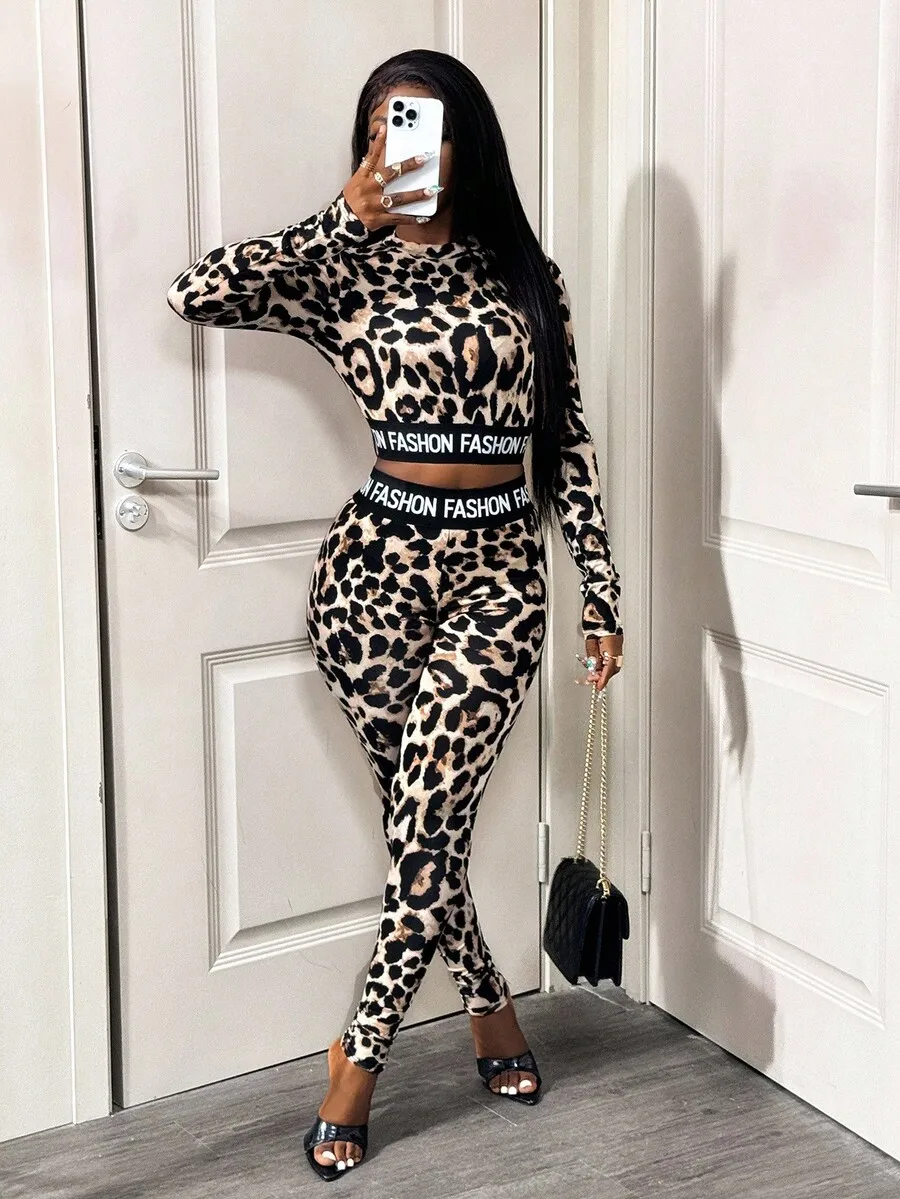 레오파드 프린트 2피스 여성용 매칭 세트, '패션' 허리밴드, 긴팔 크롭탑 & 레깅스