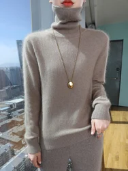 DjzDsm Women's 100% Mink Cashmere Top Casual High Collar Sweater Loose And Comfortable Knit Sweater Pullover New Style