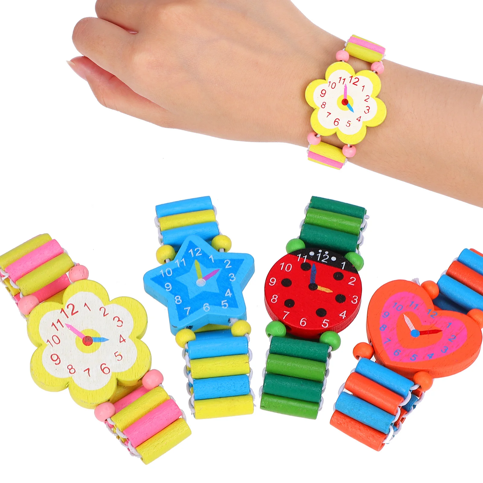 4Pcs Kids Wooden Cartoon Watch Wristband Creative Stretchy Band for Birthday Party Favors Baby Shower Souvenirs