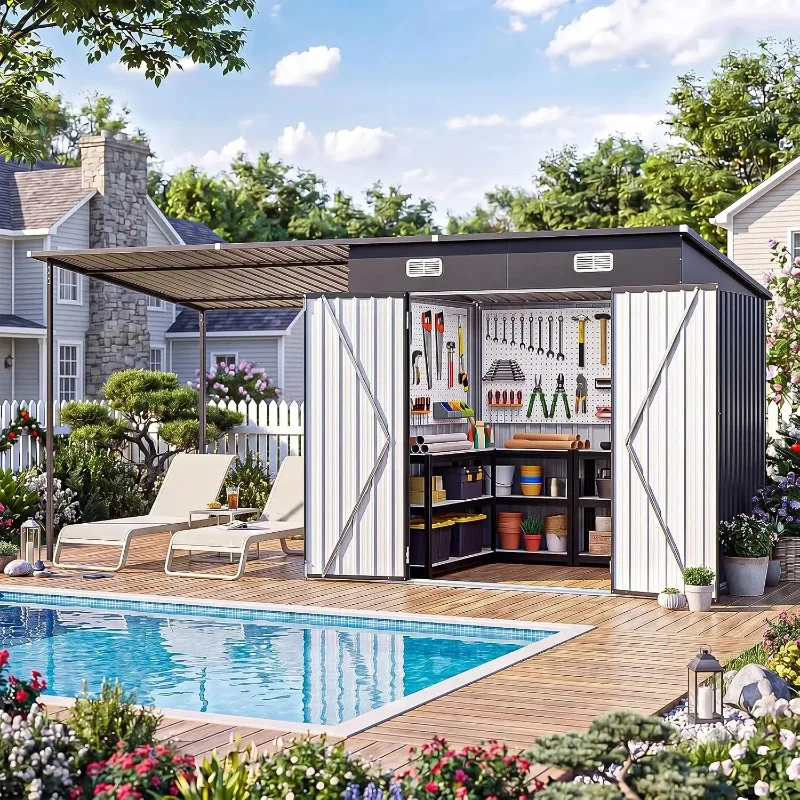 14x6FT Outdoor Storage Shed & Hardtop Gazebo Combo | 7'x6' Lean to Metal Garden Shed+6.3'x6' Pergola, 2-in-1 Bike, Customized view 3