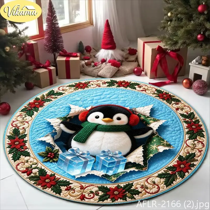 VIKAMA Round Christmas Rug 3D Distressed Penguin Print Rug Soft Non Slip Living Room Rug Cozy Festive Christmas Home Decor