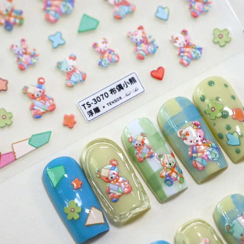 Cute Colorful Muppet Bear Cartoon Flower 5D Embossed Relief Self Adhesive Nail Art Sticker Popular Lovely Rabbit Manicure Decal