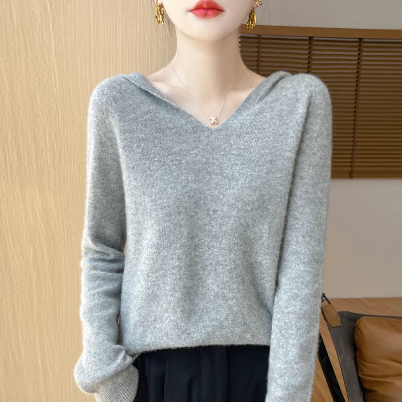 Seamless Cashmere Sweater Spring Autumn New 100% Merino Wool Sweater Women\'s Clothing Hooded Knitted Sweater Casual Hoodie Tops