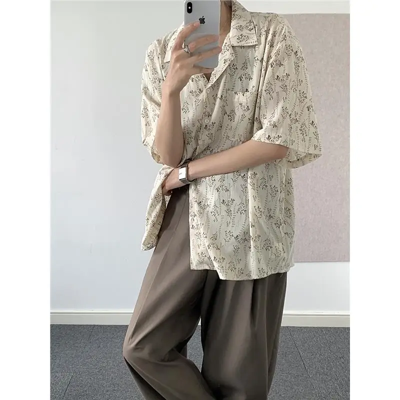 

Summer Design Loose Ice Silk Cuban Collar Floral Print ort Sve Men's irt Casual Youth Trend Beachwear Comfortable Fit
