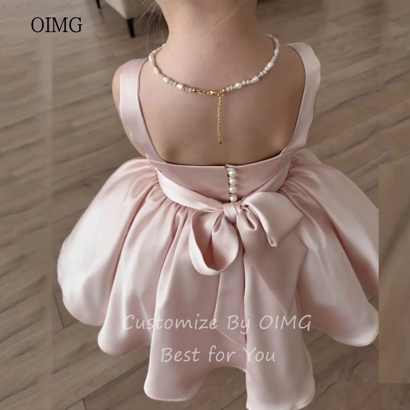 OIMG Cute Pink A Line Flower Girl Dresses Square Neck Bow Back Wedding Party Dress Knee Length Birthday Dress 2025 Customized