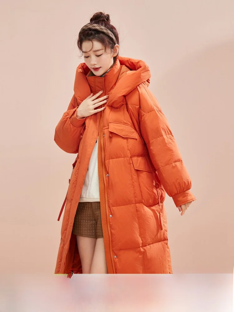 

Snow Mid-Fly Autumn Winter New Style Women's Long down Jacket Korean Version Carrot Color Knee-Length Warmth Stylish Hooded