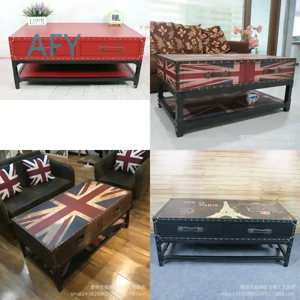 Rustic Vintage Distressed Iron Coffee Table for Living Room Storage Ottoman Modern American Minimalist Bar Cafe Tea Table