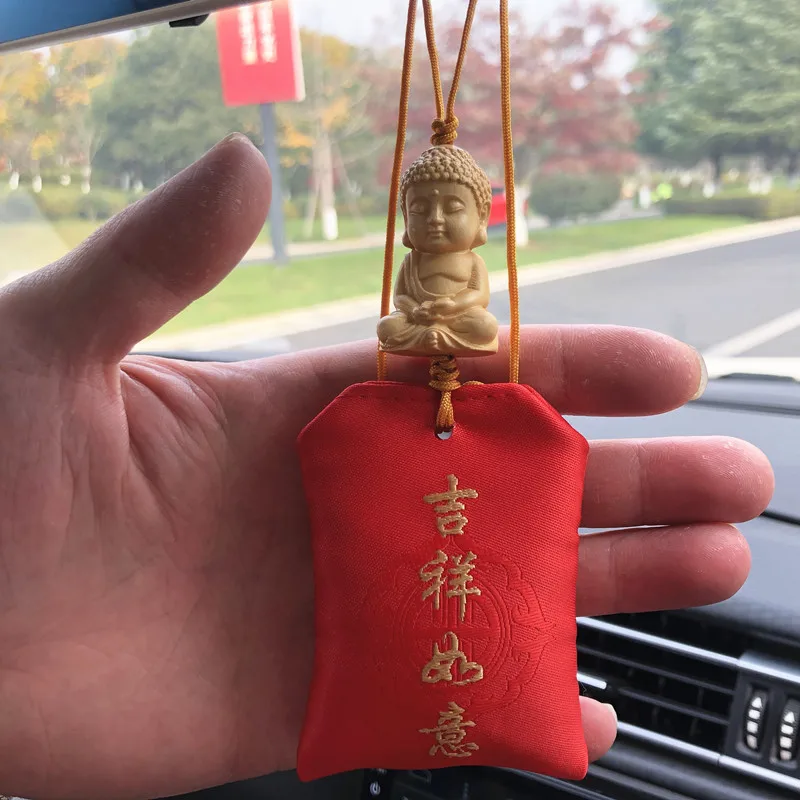 Automobile Hanging Ornament Creative Boxwood Buddha Lucky Bag Protective Talisman Blessing Rearview Mirror Car Hanging Perfume B