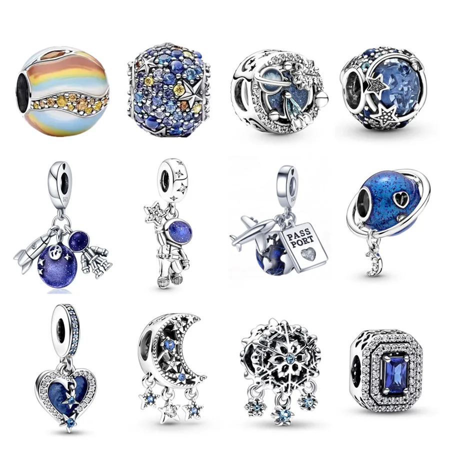 New Celestial Blue Sparkling Stars Astronaut & Galaxy Trinket Charm DIY Jewelry Bead Fit Original Silver 925 Bracelet Women Gift