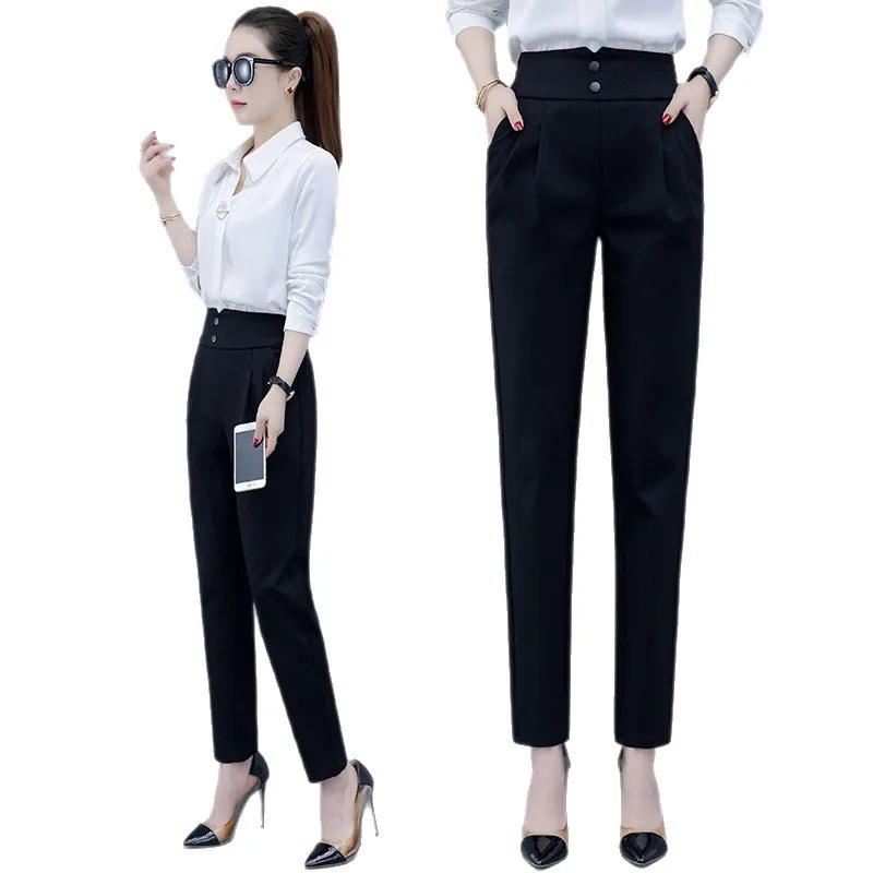 ارتفاع الخصر التخسيس تنوعا المرأة الخريف بدلة أنيقة السراويل ثنيات عارضة سليم السراويل تنوعا السراويل للنساء