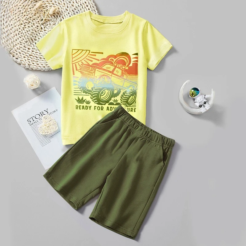 

Kids Clothes 2025 New Print Children's Cotton Set Personalized T-shirt 2-piece Set Boy Clothes