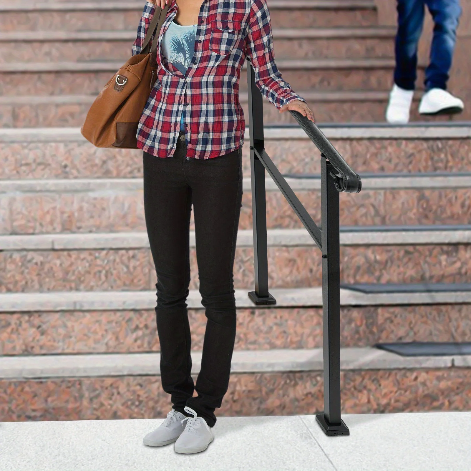 Corrimano per scale da esterno 3FT nero,, Corrimano per esterno, Corrimano per scale, Corrimano a 3 gradini, Acciaio al carbonio, Nero