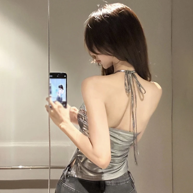 Women's Summer Slimming Camisole Tops Lanyard Neck Suspender Tops Women's Irregular Silver Sleeveless Tops