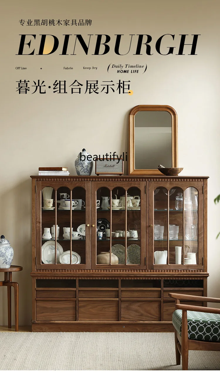 French Vintage Teaware Porcelain Display Cabinet Made of Glass Black Walnut Combination Sideboard Cabinet