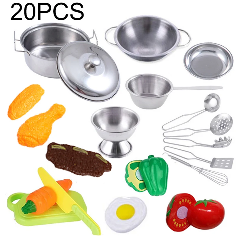 13/15/20PCS Kids Kitchen Toy DIY Pots and Pans Mini Stainless Steel Cookware Pretend Cooking Utensils Toy Set