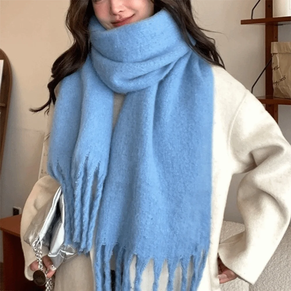 

Retro Mohair Wool Scarf Plush Tassel Winter Cashmere Scarves Solid Color Keep Warm Long Shawl Student