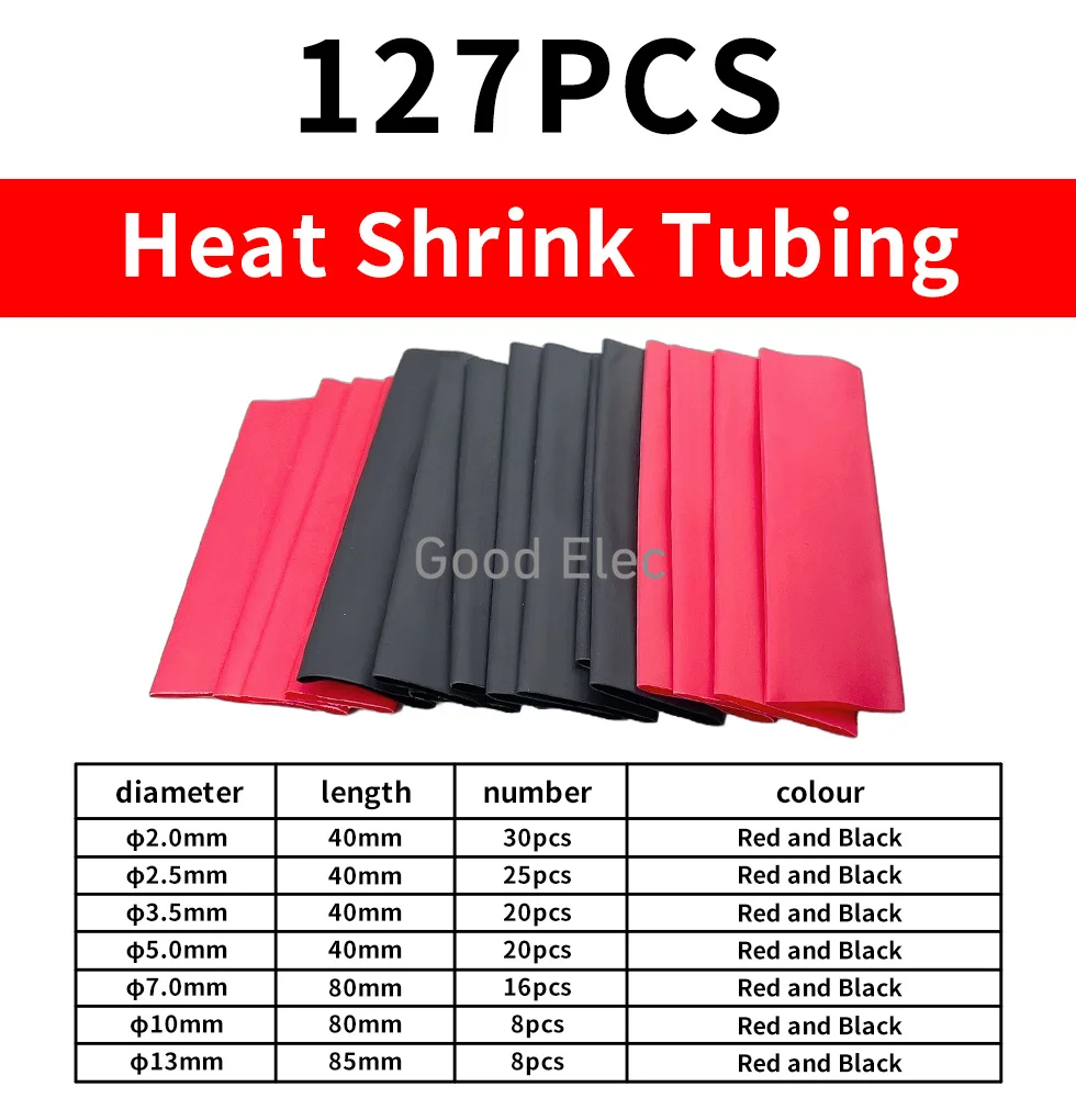 127Pcs red+black  2:1 7 Sizes Assortment Polyolefin Halogen-Free Heat Shrink Tubing shrinkable Tube Sleeving Wire Cable Kit