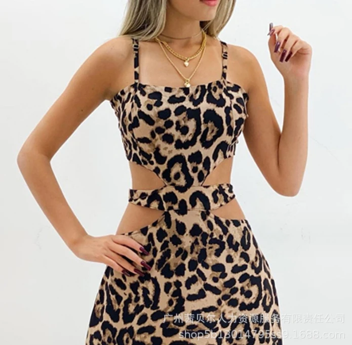 Women's Dress Elegant Commuting Fashion Party Night Out Dress Leopard Print Spaghetti Strap Cutout Waist Smoked Maxi Dress