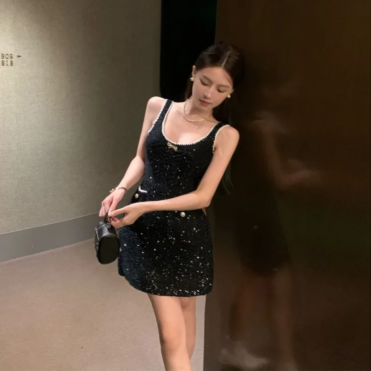 Heavy Sequin Sexy Strap Dresses Spring New Slim Fit Bodycon Dress for Women Y2k Fairycore Sleeveless Black Vestidos Mujer