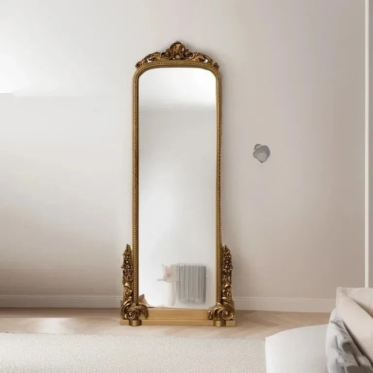 

Yy European retro floor mirror household wall-mounted full-length mirror living room carved arched full-length mirror