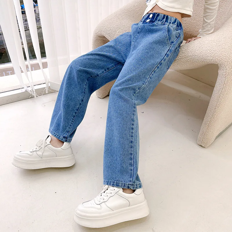 New Girls Jeans Spring Autumn Teenage Fashion Loose Two Button Kids Straight Pants School Children Trousers 6 8 10 12 13 Years