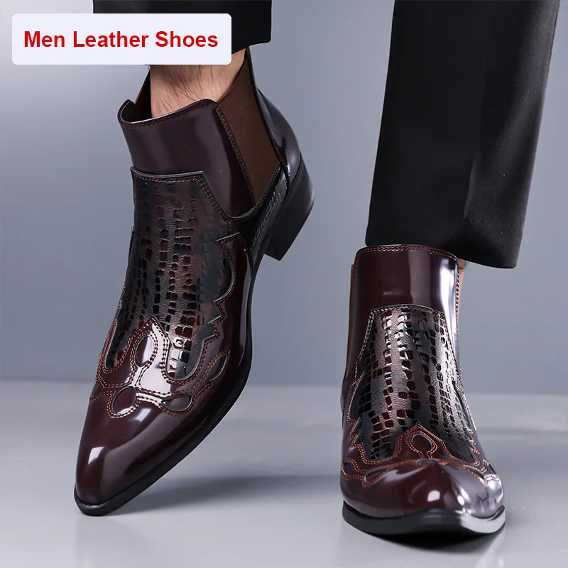 Personalized Python Pattern Pointed Toe Patent Leather British Style Shoes Men Casual Versatile Ankle Boots Men's Chelsea Boots