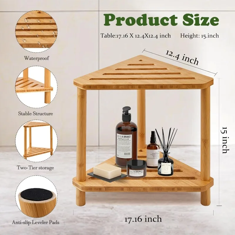

Bamboo Corner Shower Stool,2-Tier Waterproof Shower Stool For Inside Shower Shaving Leg,Small Spaces,Shower Foot Rest With Stora