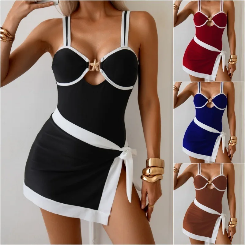 

2026 New Fashion Slim Dress-Style One-Piece Swimsuit for Women Color-Block Two-Piece Swimsuit Set Bathing Suit