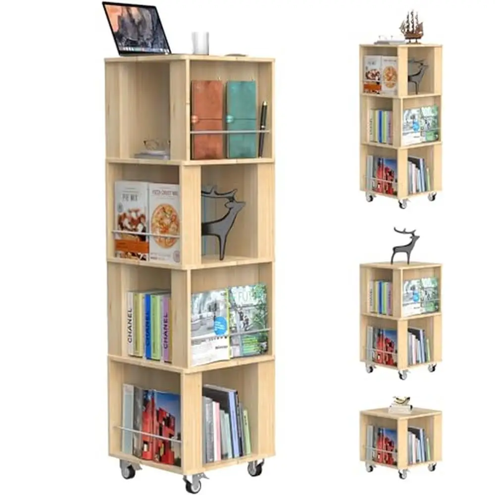 

DIY Rotating Bookshelf Tower Natural Pine Wood Portable Bookcase with Wheels 4 Tier Storage Shelf Display Organizer Stand Home