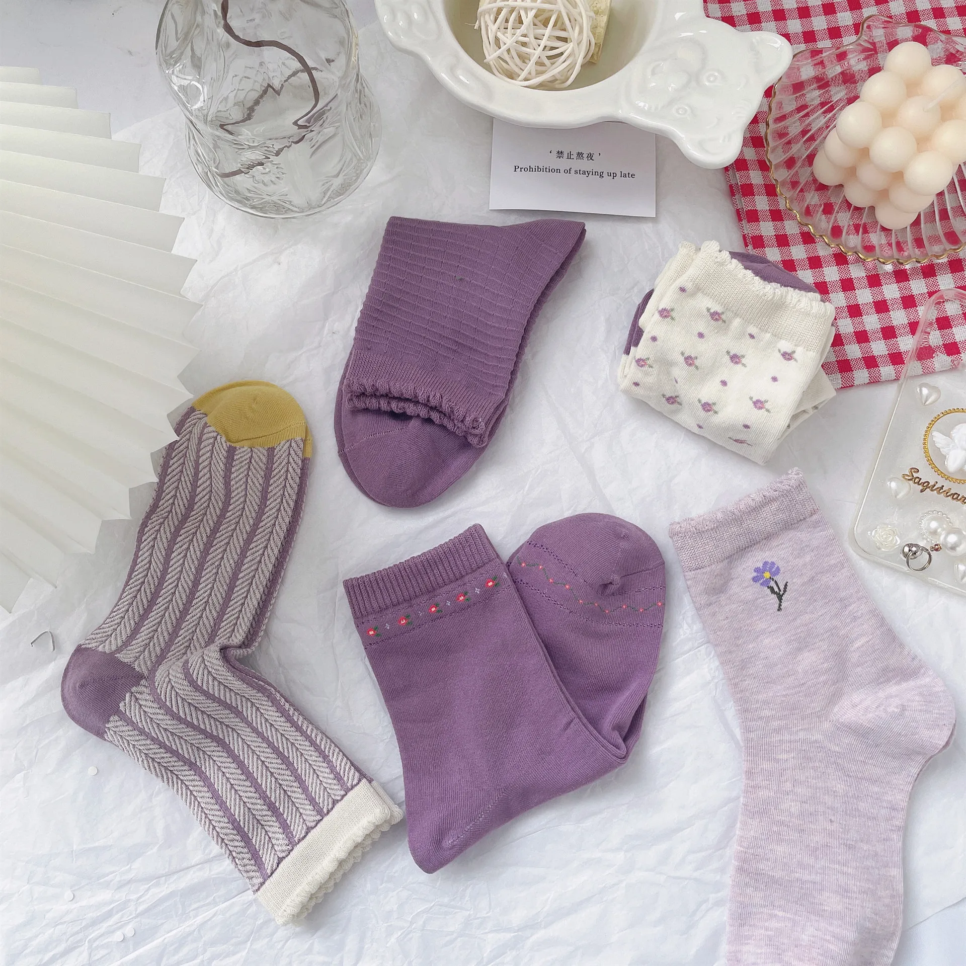 جديد وصول الربيع والخريف أرجواني أرجواني صغير الأزهار النمط الأدبي المرأة الجوارب القطنية