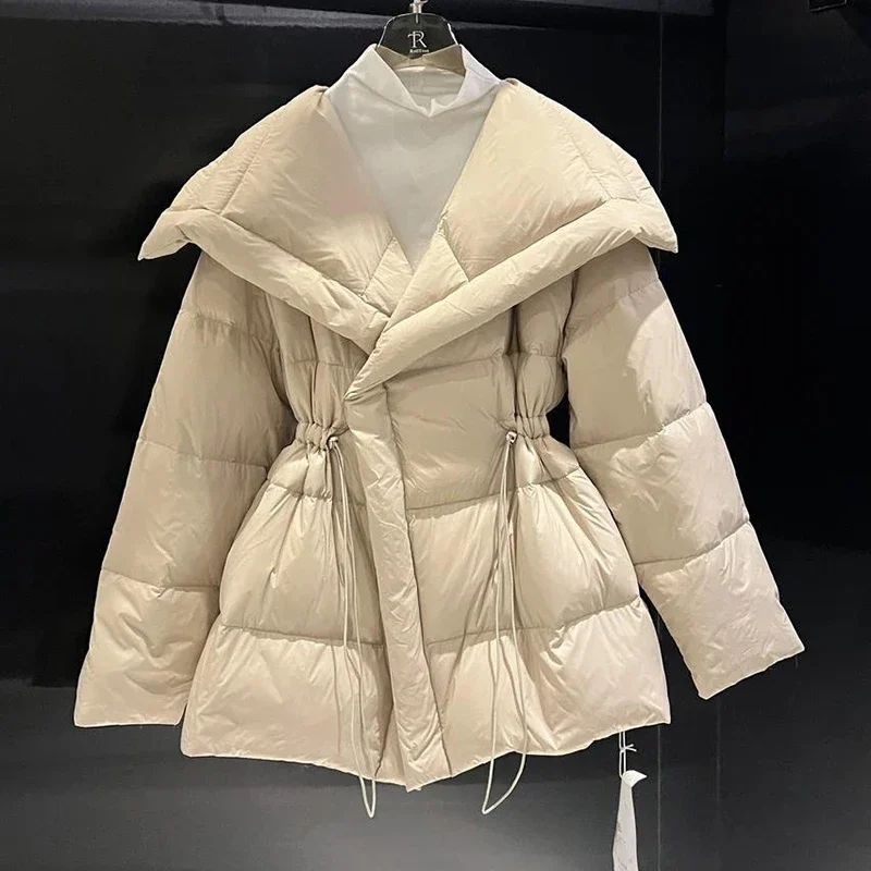 Korean Winter Lapel Collar Elegant Parka White Duck Down Warm Coats Drawstring Loose Office Lady Fashion Puffer Jacket Outwear