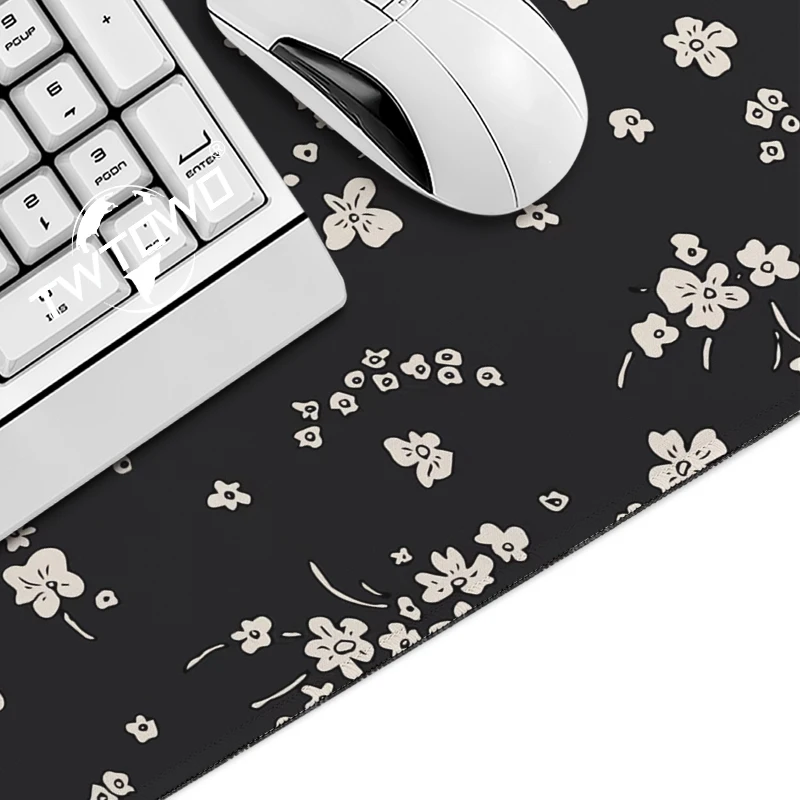 Delicate White Flowers Black Mouse Pad Gaming printon demand Custom Home Mousepad XXL Playmat Natural Rubber Desktop Mouse Pad