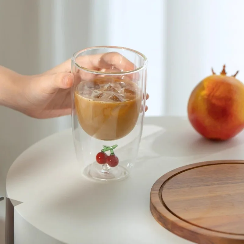 Double Layered Fruit Insulated High Borosilicate  Milk Juice Coffee Cup Three-dimensional Fruit Shaped Cold Drink Glass Cup