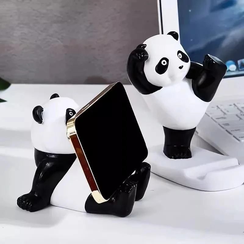 Home Office Desk Decor Cute Panda Figurines For Interior Universal Cell Mobile Phone Stand Holder Modern Resin Sculpture Gift