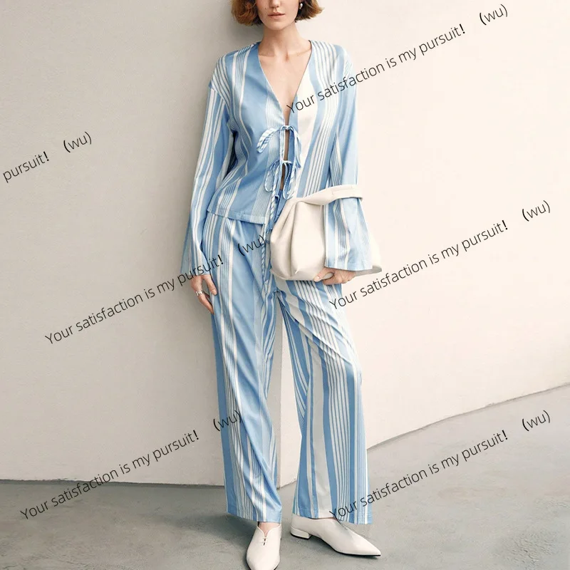 Autumn European and American temperament striped long-sleeved shirt straight trousers set pajamas two-piece set