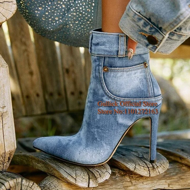 Blue Stiletto Heels Jeans Ankle Booties Pointed Toe Side Zipper Pocket Wash Denim Cover Heels Spring Autumn Women Short Boots