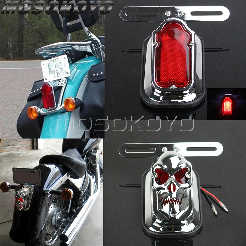 Aluminum Tombstone Skull Tail Light For Harley Chopper Bobber Custom Motorcycle Rear Fender Brake Lamp w/ License Plate Lights