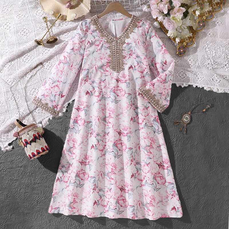 

Girls 8-12 Middle Eastern Ramadan Dress, Front V-Neck Embroidered Trim Floral Print Modest Fit/Back Plain Floral, Casual Festive