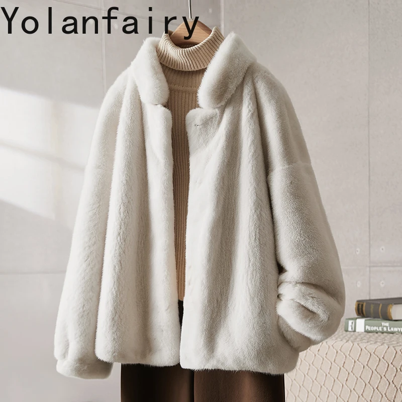 YOLANFAIRY فاخر 2025 معطف الفرو الطبيعي امرأة كاملة فرو المنك سترات للنساء قصيرة معاطف الفرو الدافئة طويلة الأكمام سترة نسائية