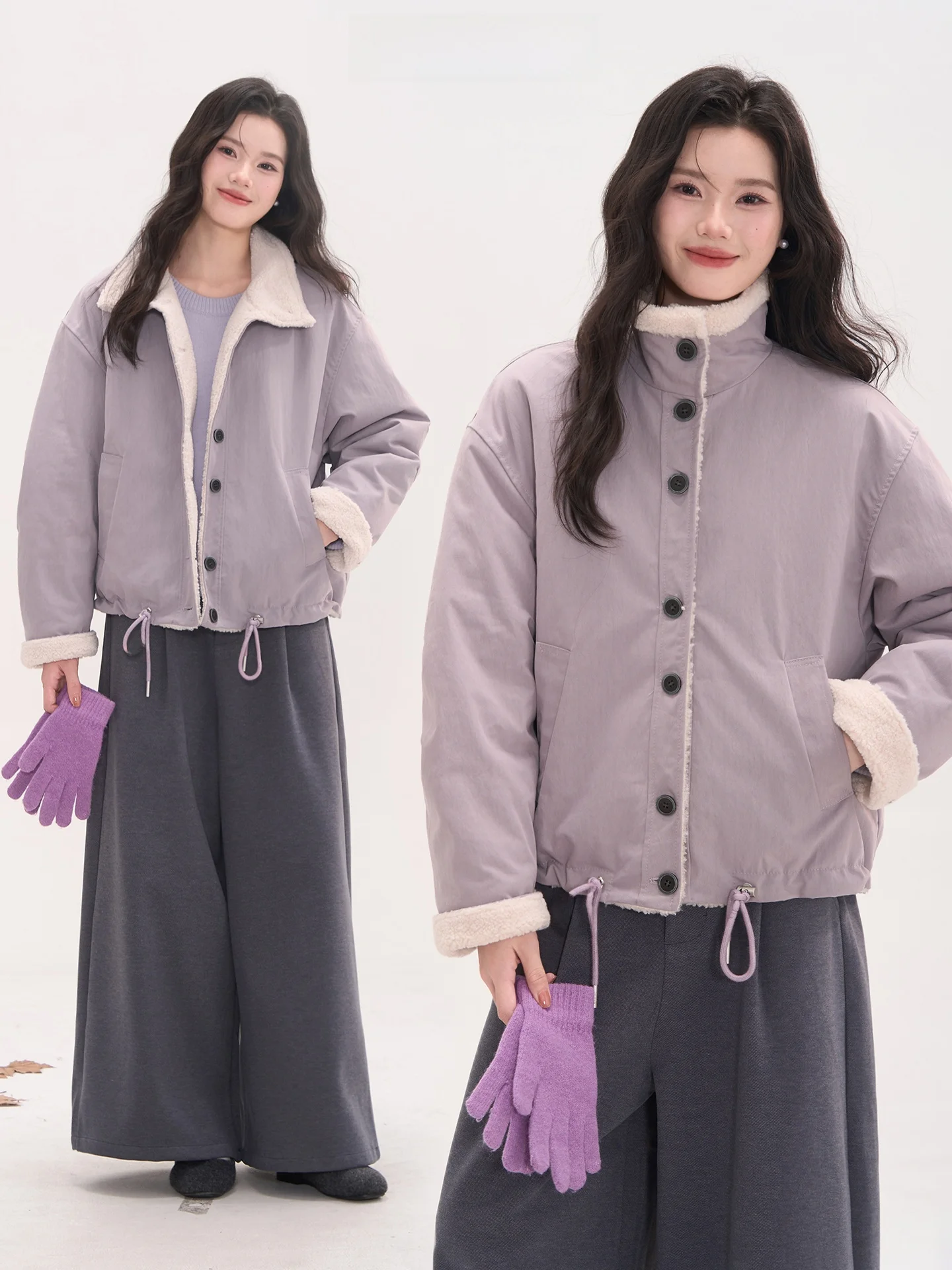 

Sweet Milk Can Purple Yam Lamb Fur Jaet Women's Casual Cotton Coat Heme Floral Window Winter Loose Fit Long Sve Top