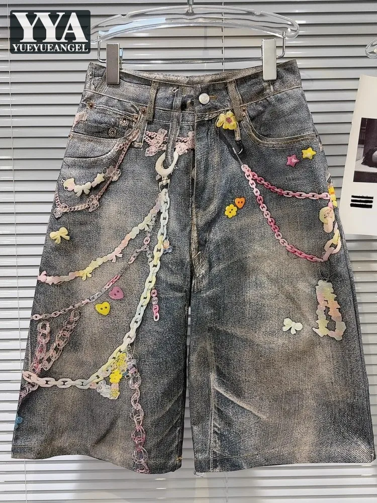 Summer Women Denim Shorts Personality Printed Vintage Knee Length Trousers Female Jeans High Street Hip Hop Casual Shorts New