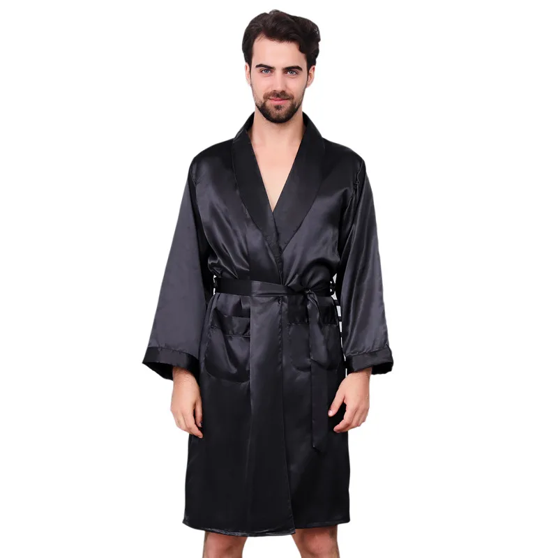 Large Size Men Robe Kimono Bathrobe Gown with Pocket Black Silk Satin Sleepwear Nightwear Spring Summer Homewear 5XL 6XL 7XL