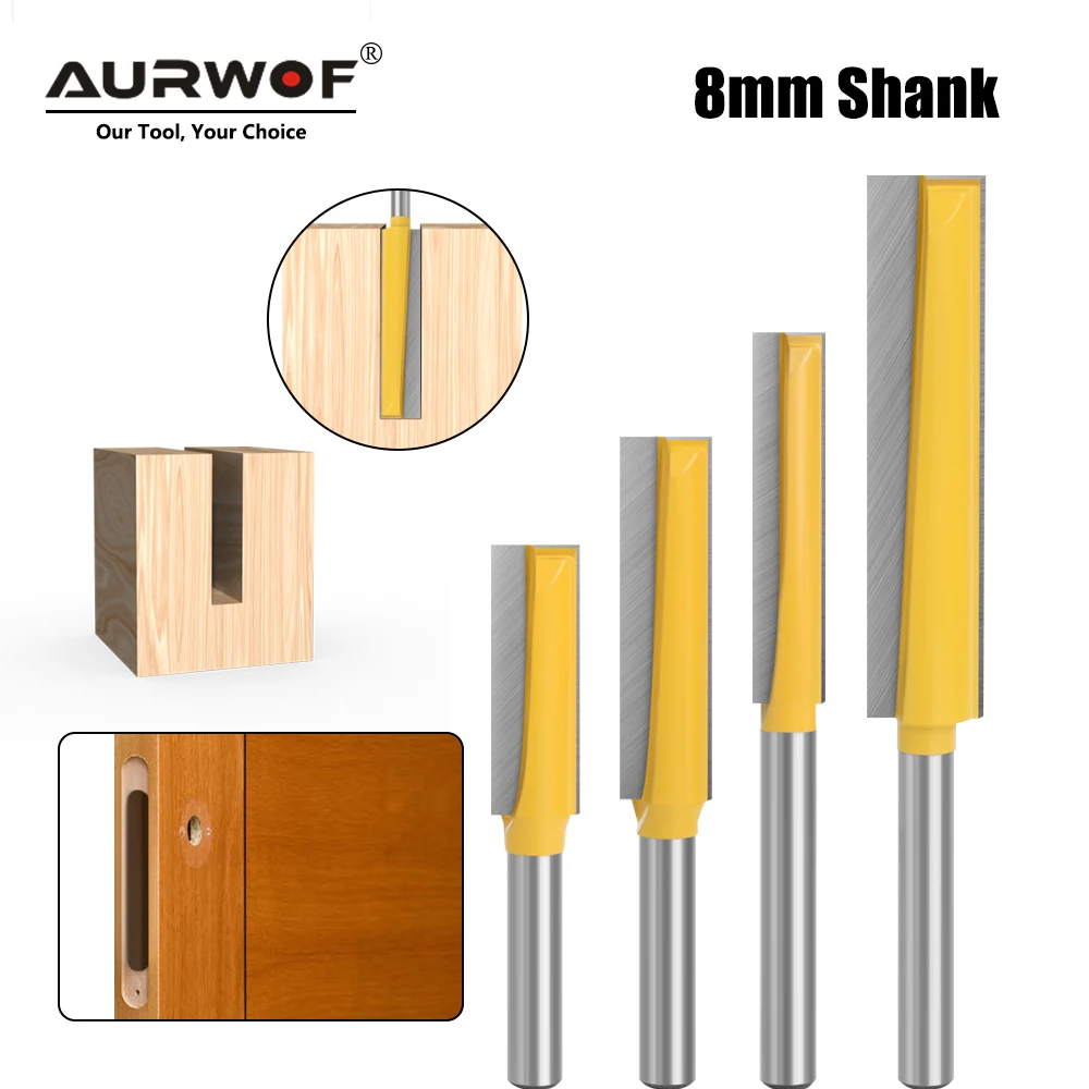 AURWOF 1pc 8mm Shank Bottom Cleaning Router Bit Extended Long Wood Milling Cutter Yellow C080061